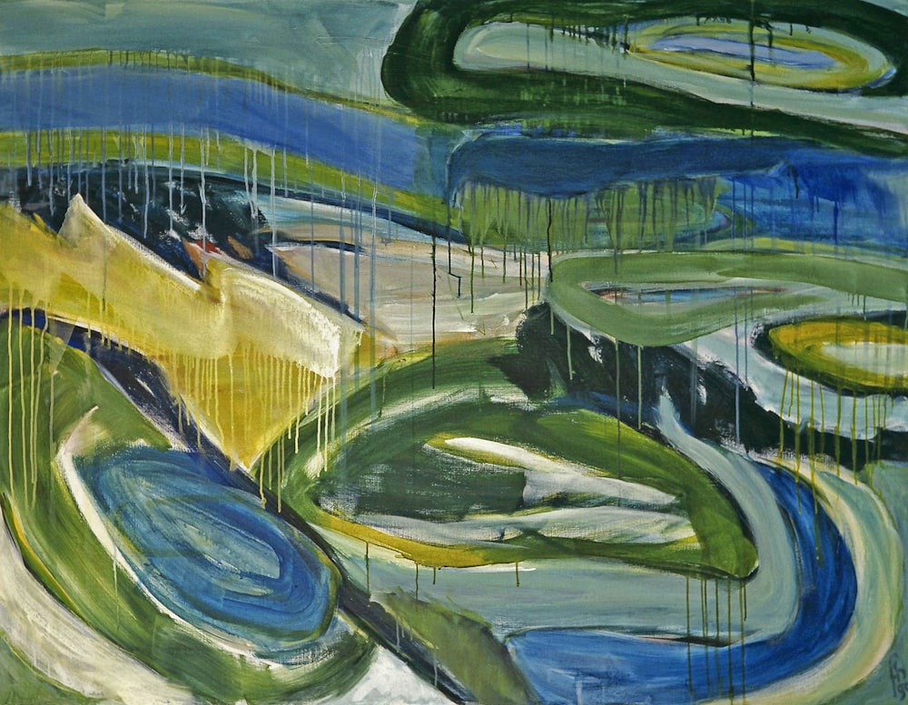 une peinture d’un paysage vert et bleu