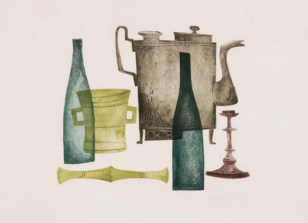 a drawing of a tea pot, tea kettle, and other items