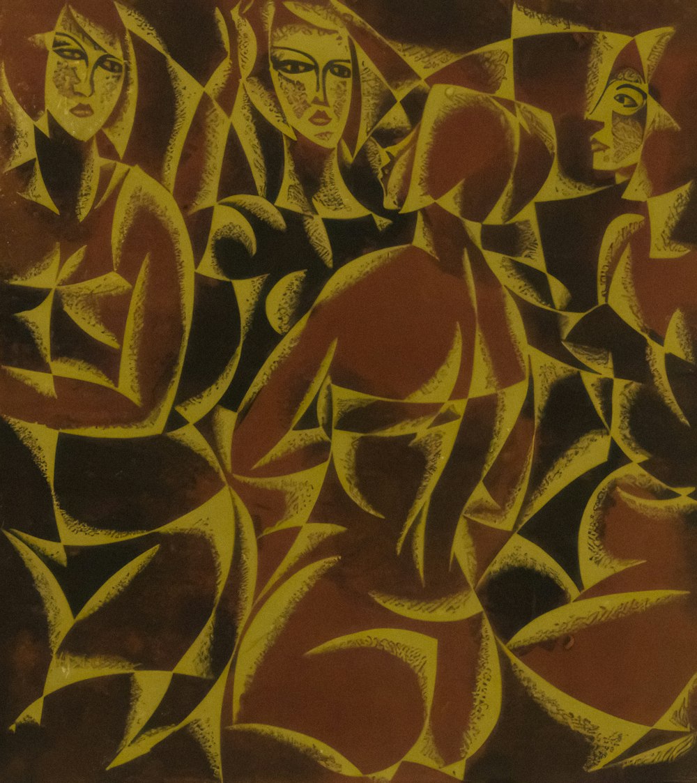 a painting of a group of people in red and yellow