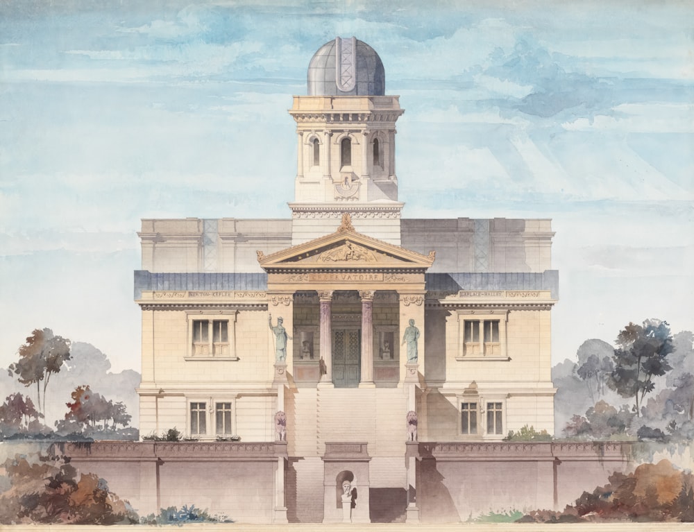 a painting of a building with a clock tower