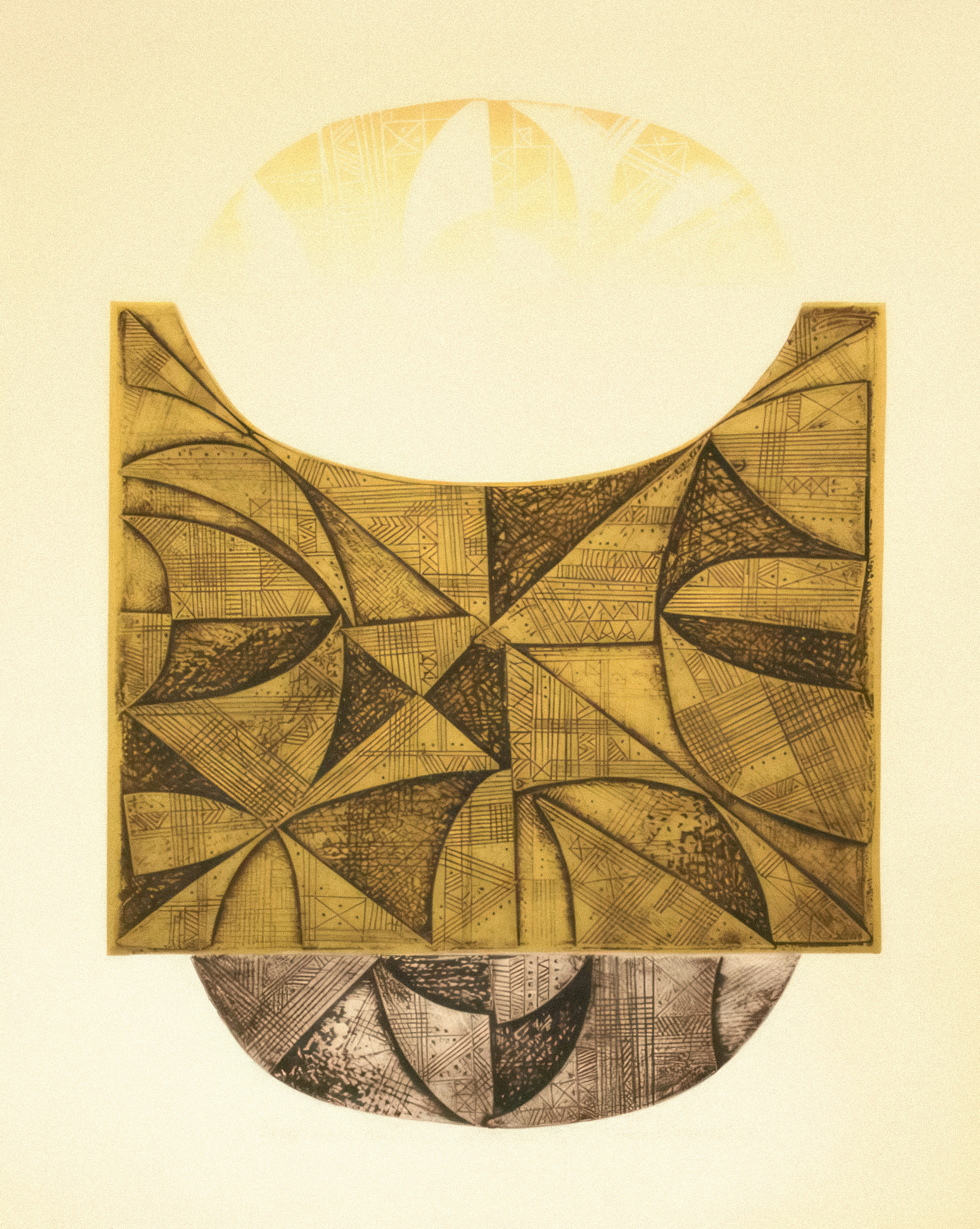 a drawing of an abstract design with a sun in the background