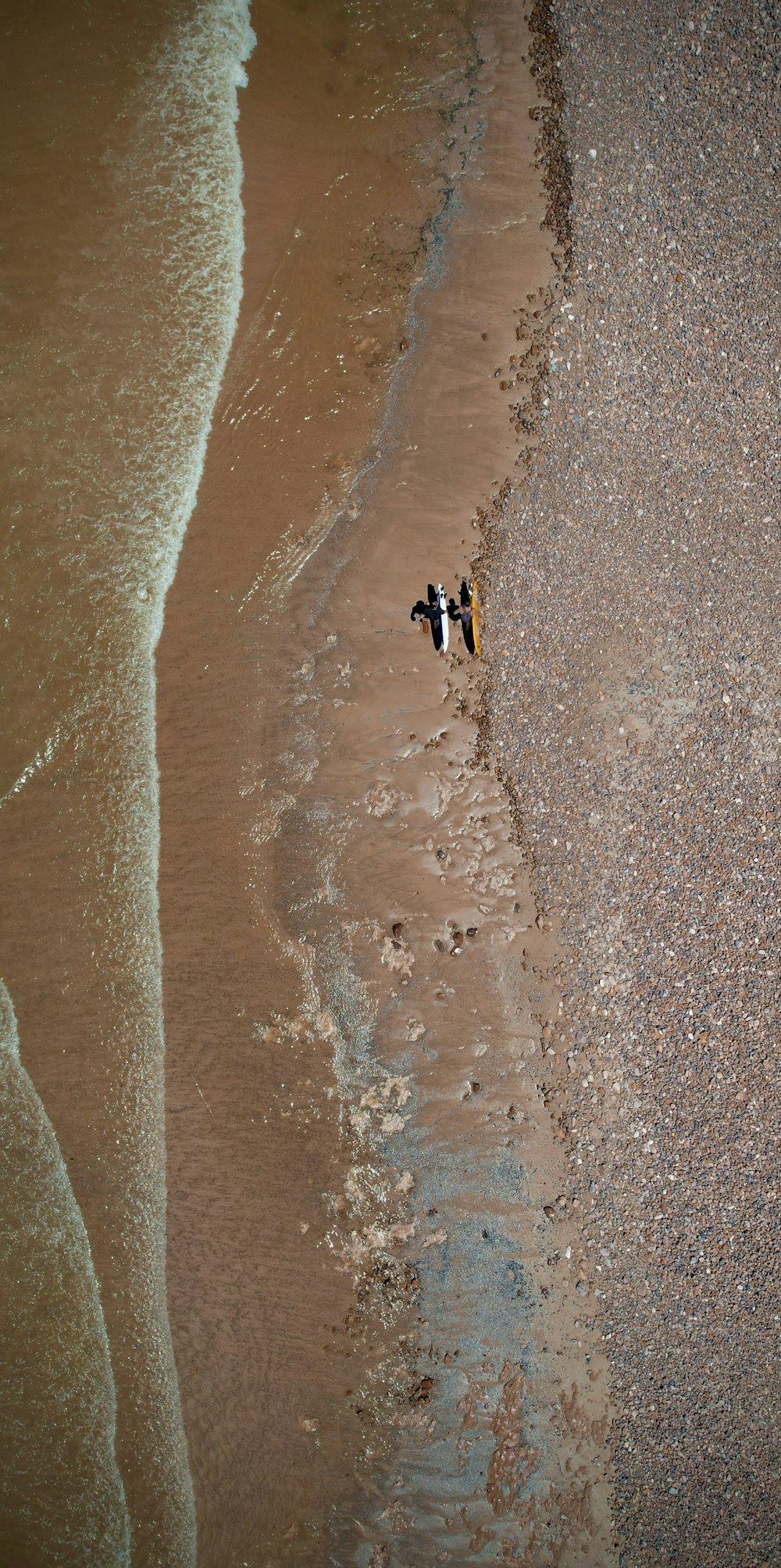 a couple of people walking along a beach next to the ocean
