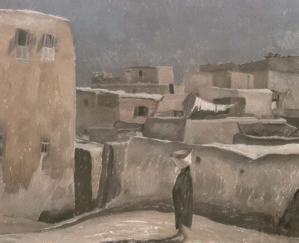 a painting of a man standing in front of a village
