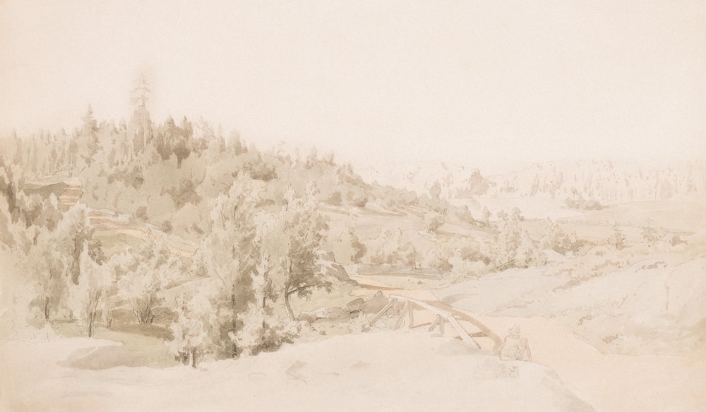 a painting of a snowy landscape with trees