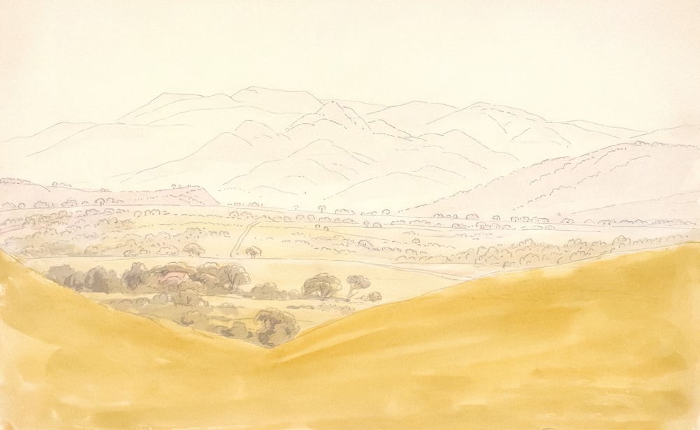 a drawing of a landscape with mountains in the background
