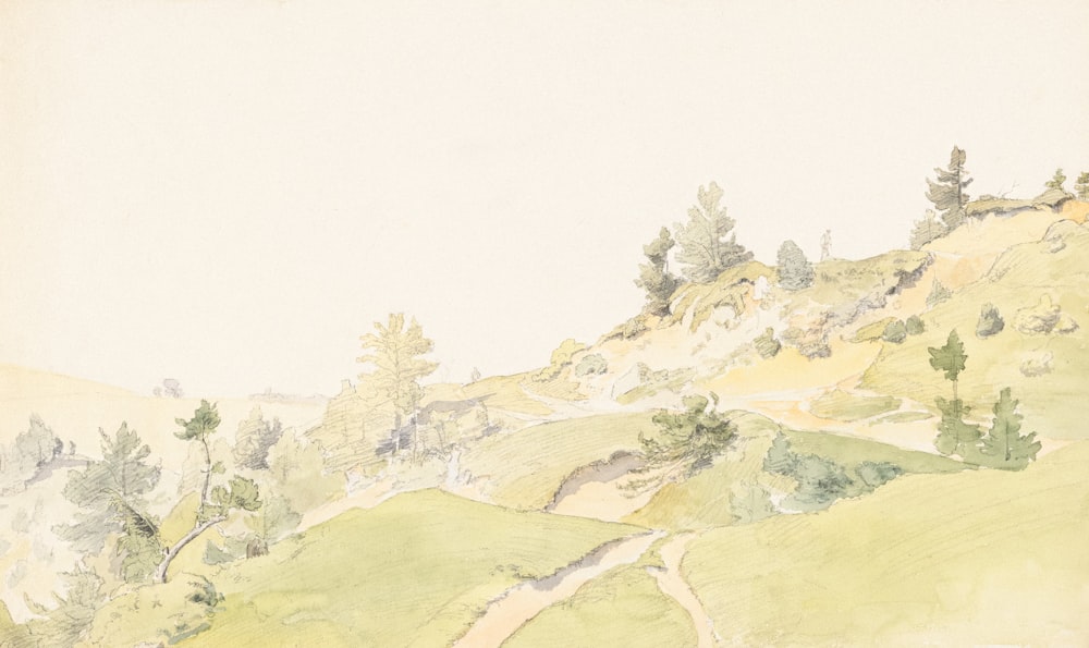 a painting of a hilly area with trees on a hill