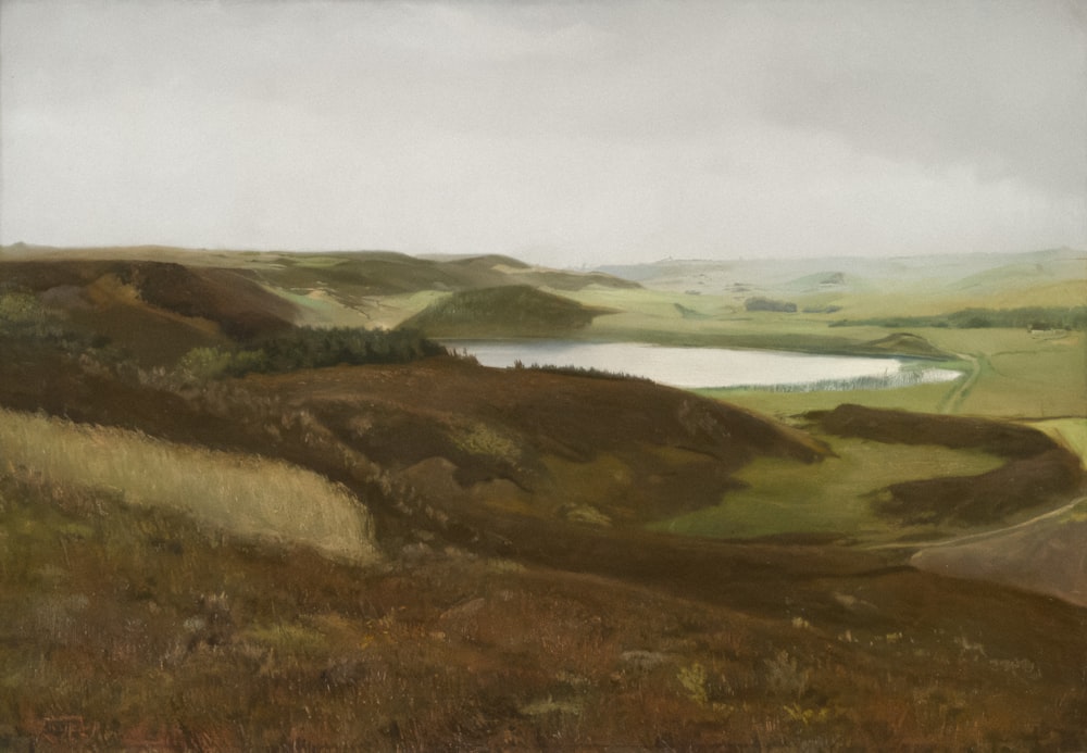 a painting of a hilly landscape with a lake in the distance