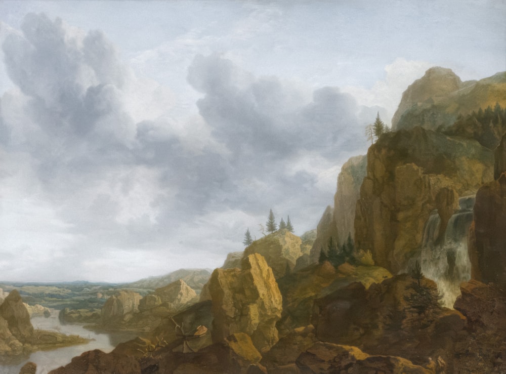 a painting of a rocky landscape with a body of water