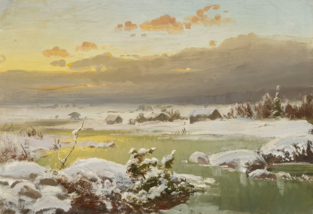 a painting of a snowy landscape with a lake