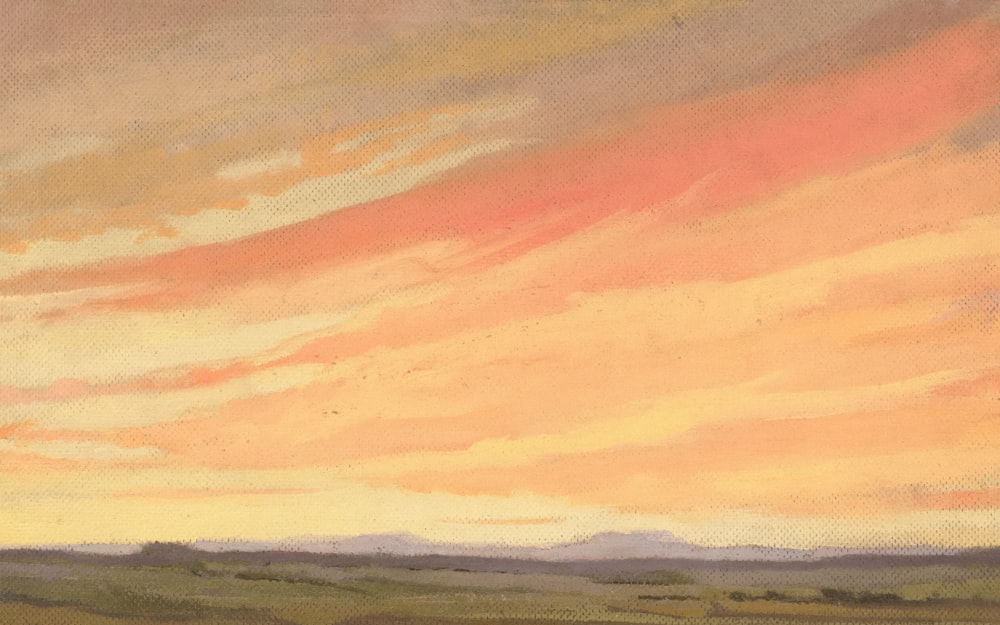 una pintura de una puesta de sol sobre un campo