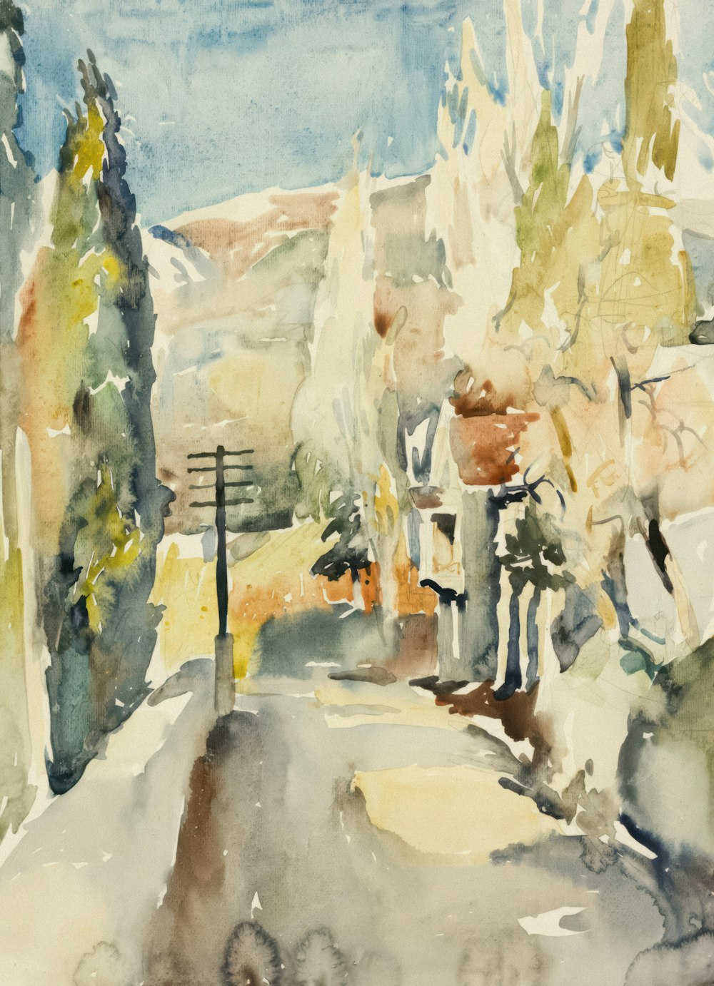 a watercolor painting of a street with trees