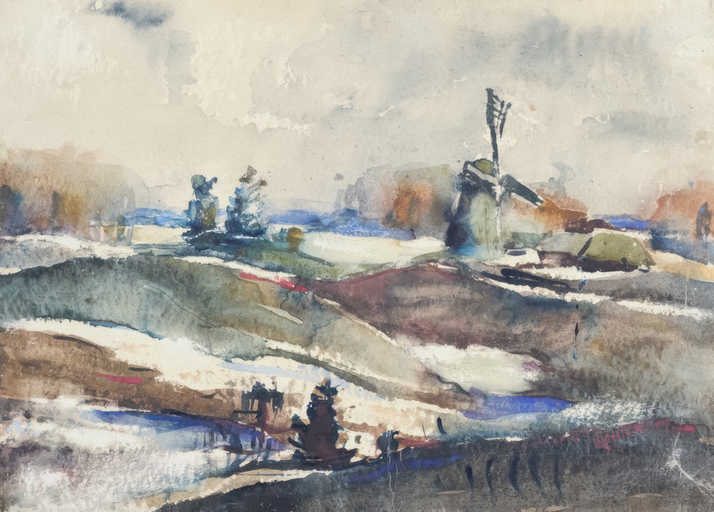 a painting of a windmill on a hill