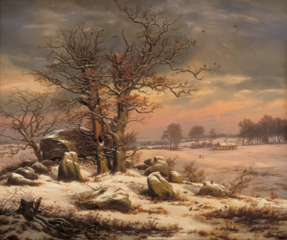 a painting of a tree in a snowy landscape