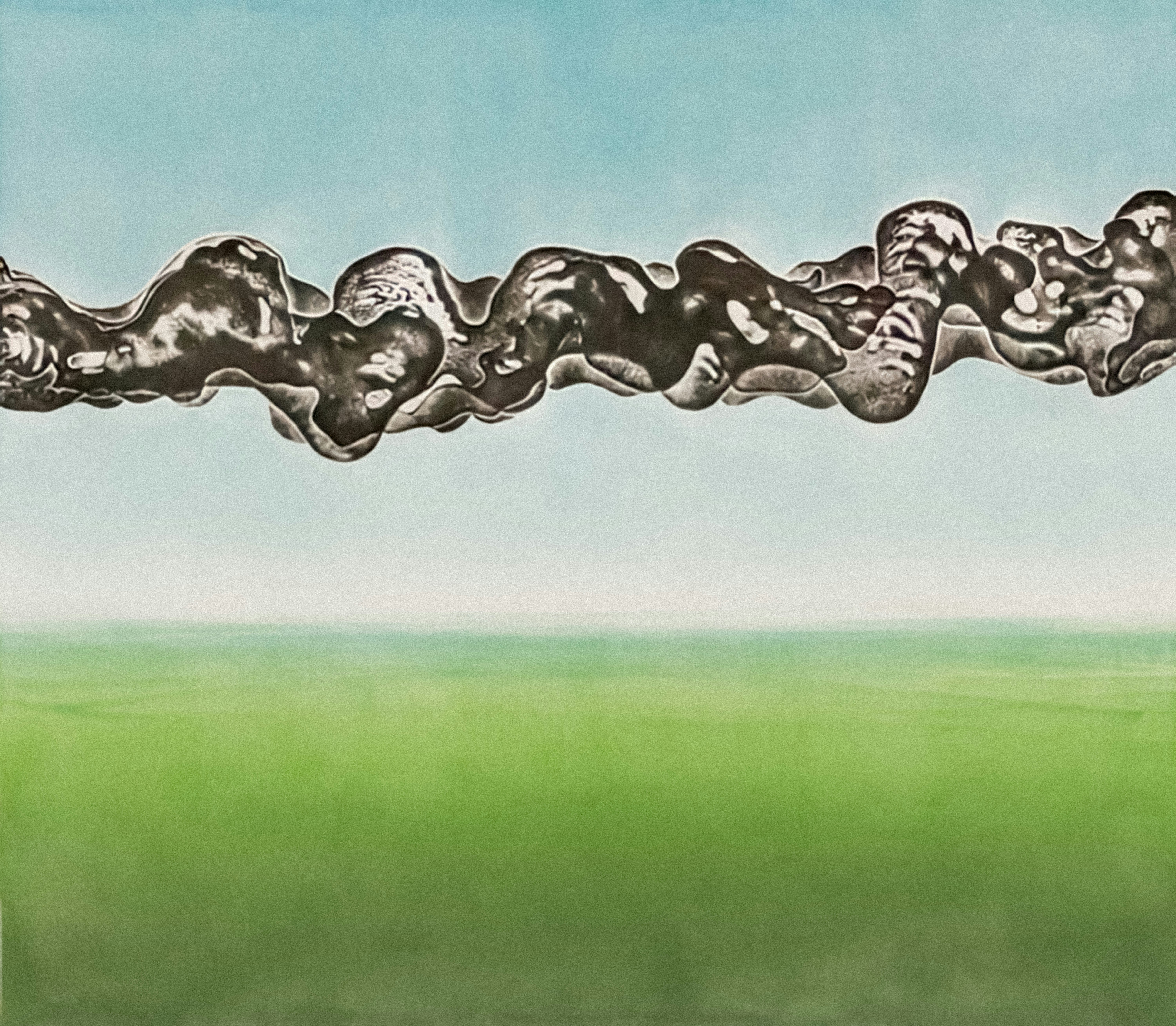 a painting of a green field with a blue sky in the background