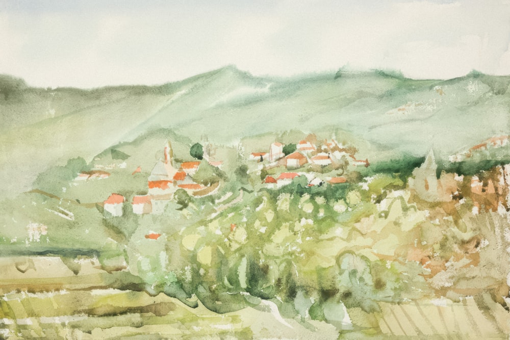 a painting of a village in the mountains