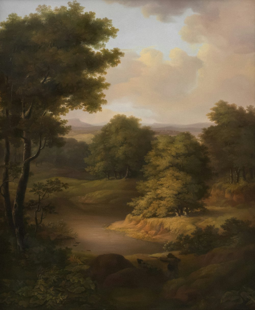 a painting of a wooded area with animals