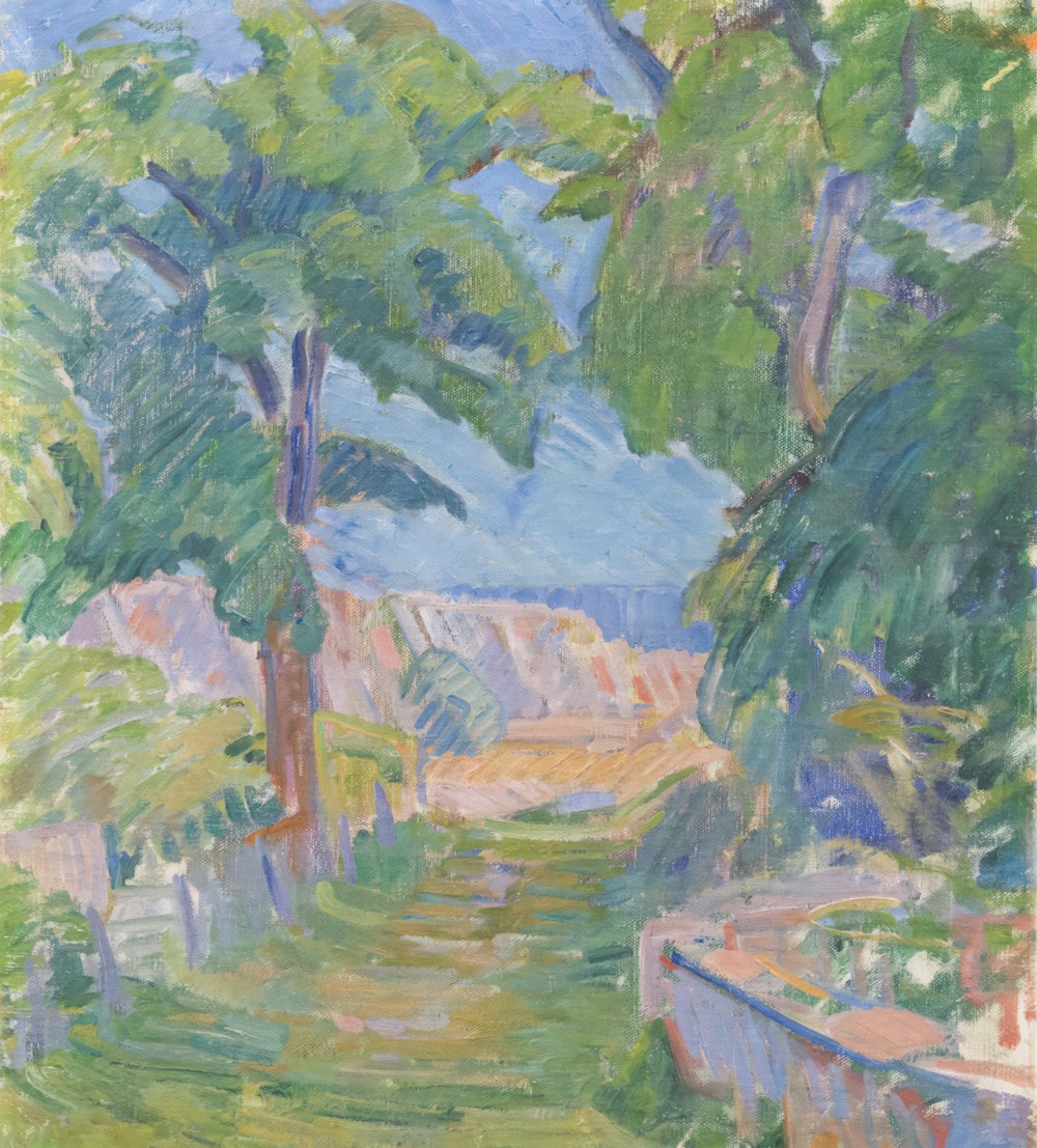 a painting of a path in a wooded area