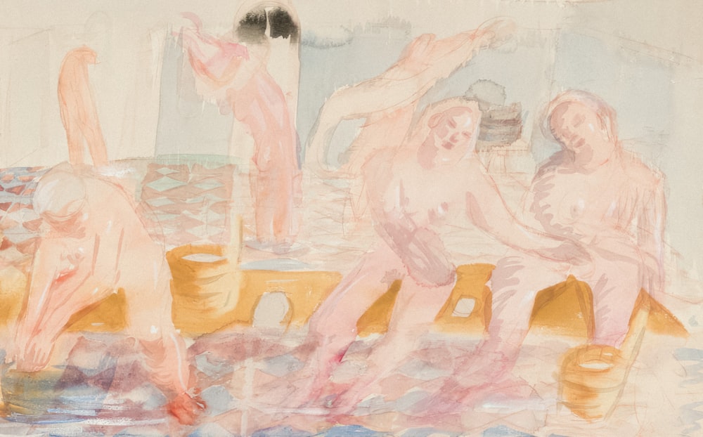 a painting of three nude women sitting on a bench
