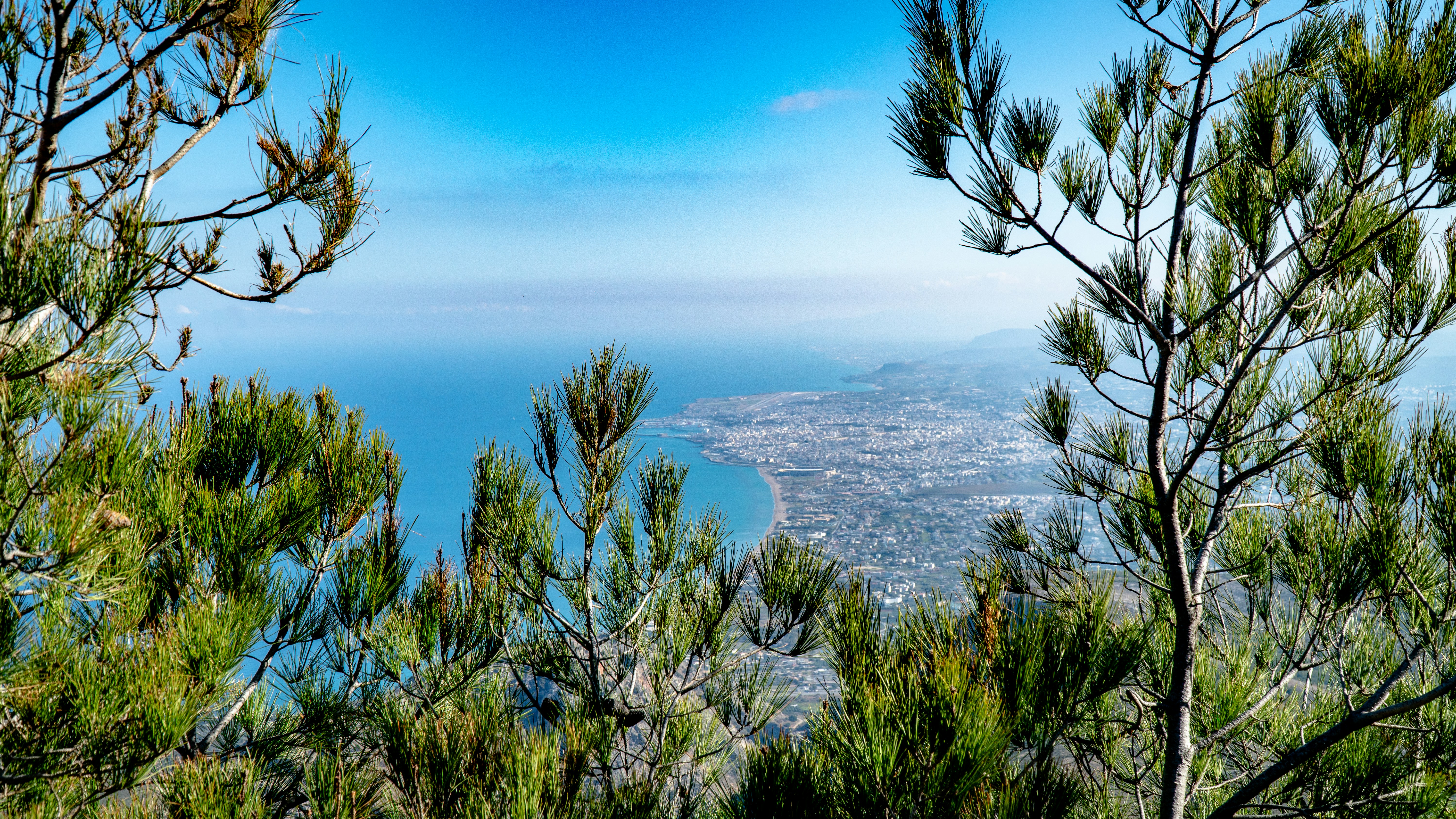 a view of a city and a body of water through some trees, Heraklion Through Forest Trees - Top of Strouboulas