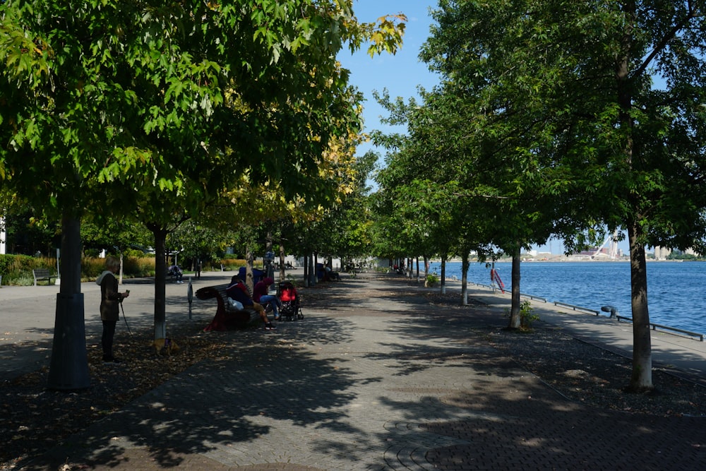 a group of people sitting on a bench next to the water