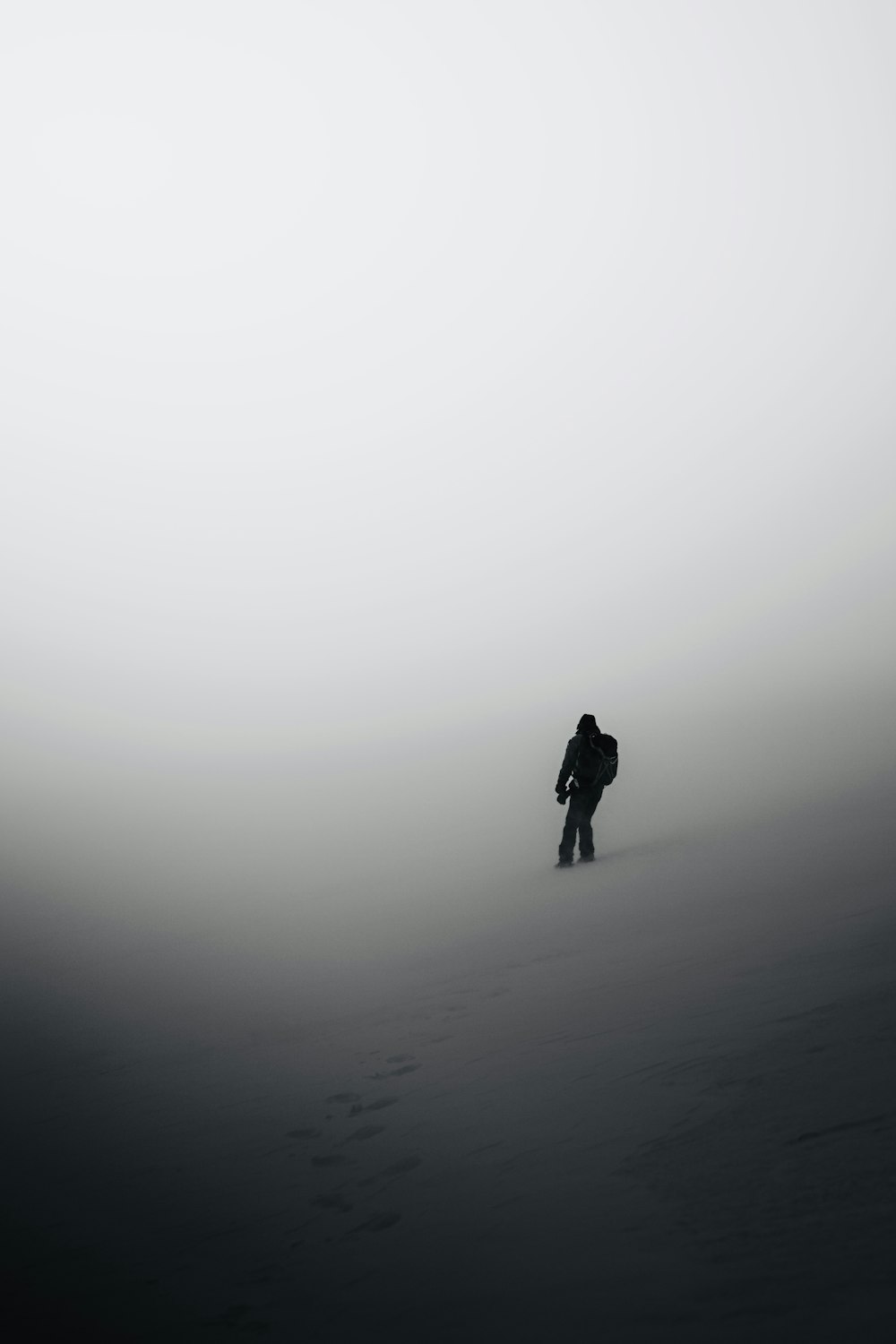 a person walking through a foggy field