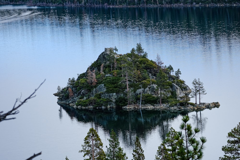 a small island in the middle of a lake