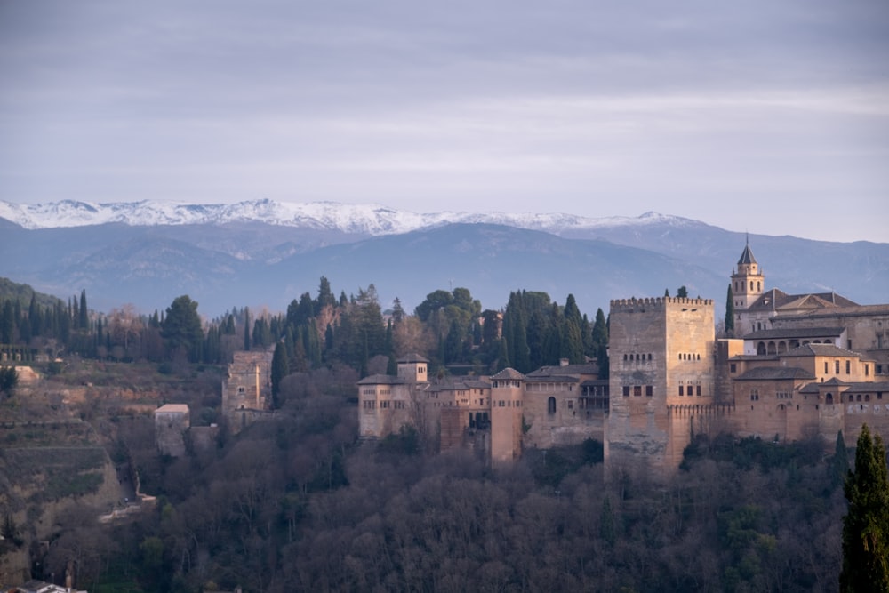 a castle with mountains in the background