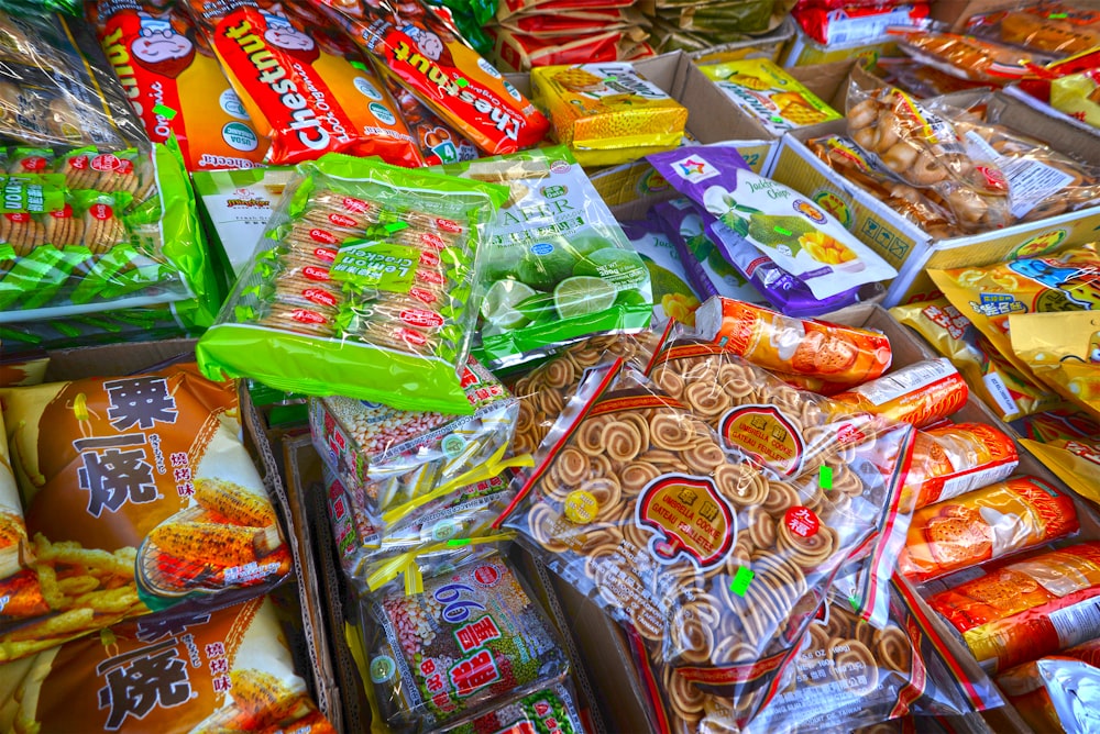 a variety of snacks are displayed on a table