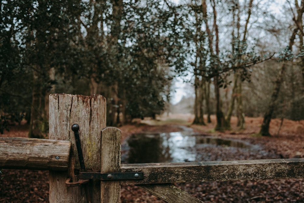 a wooden fence with a river running through it
