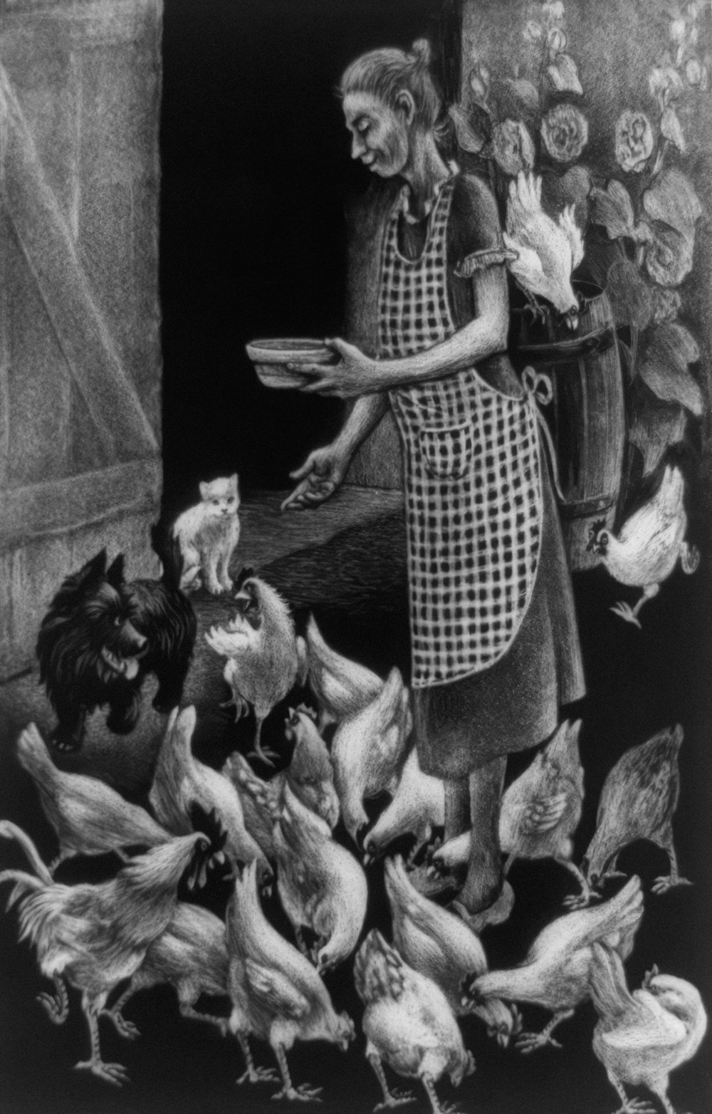 Woman feeding chickens illustration