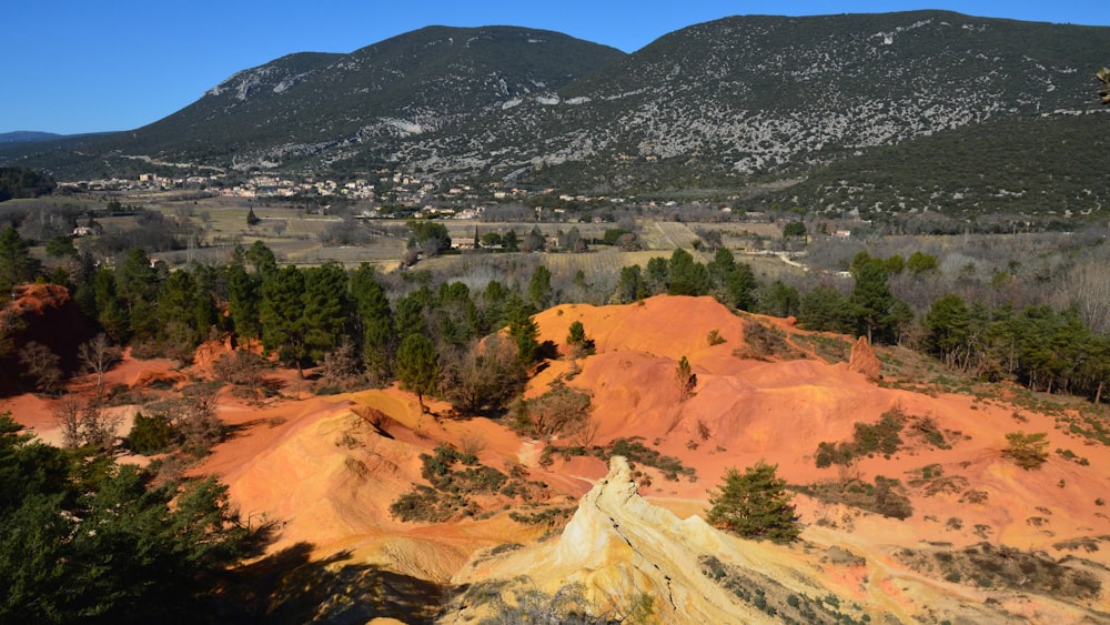 a scenic view of a valley with a mountain in the background