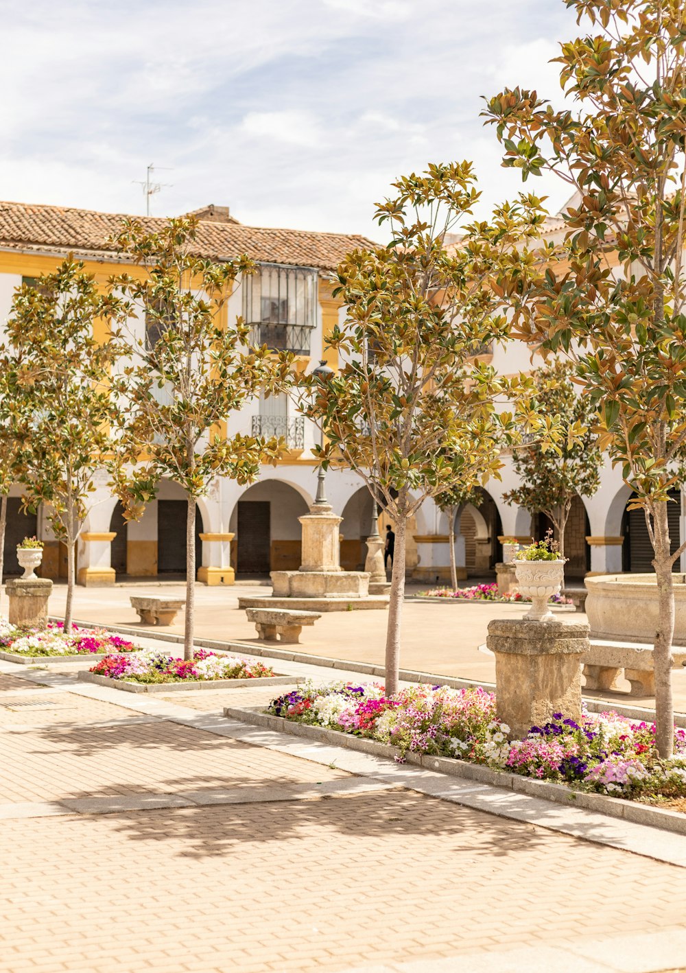 a courtyard with a fountain and flowers in the foreground