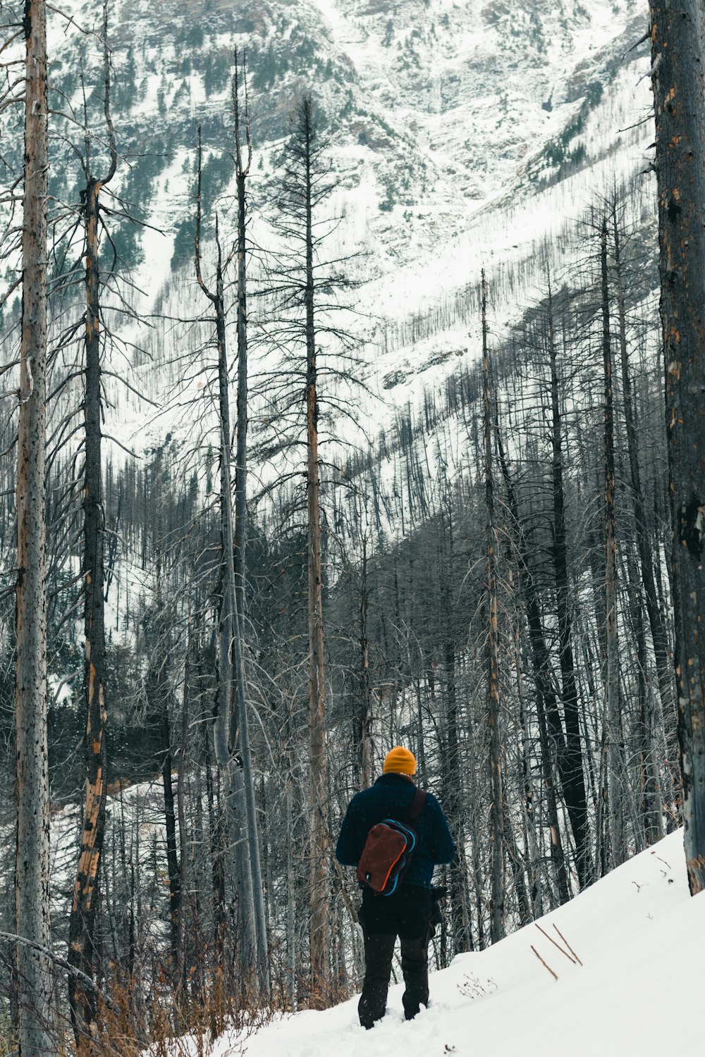 um homem subindo uma colina coberta de neve