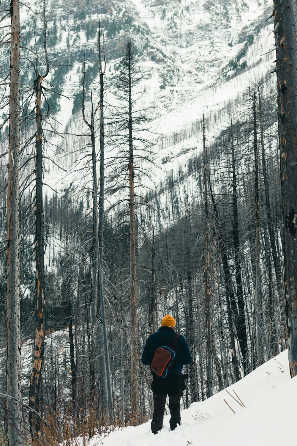 a man walking up a snow covered hill