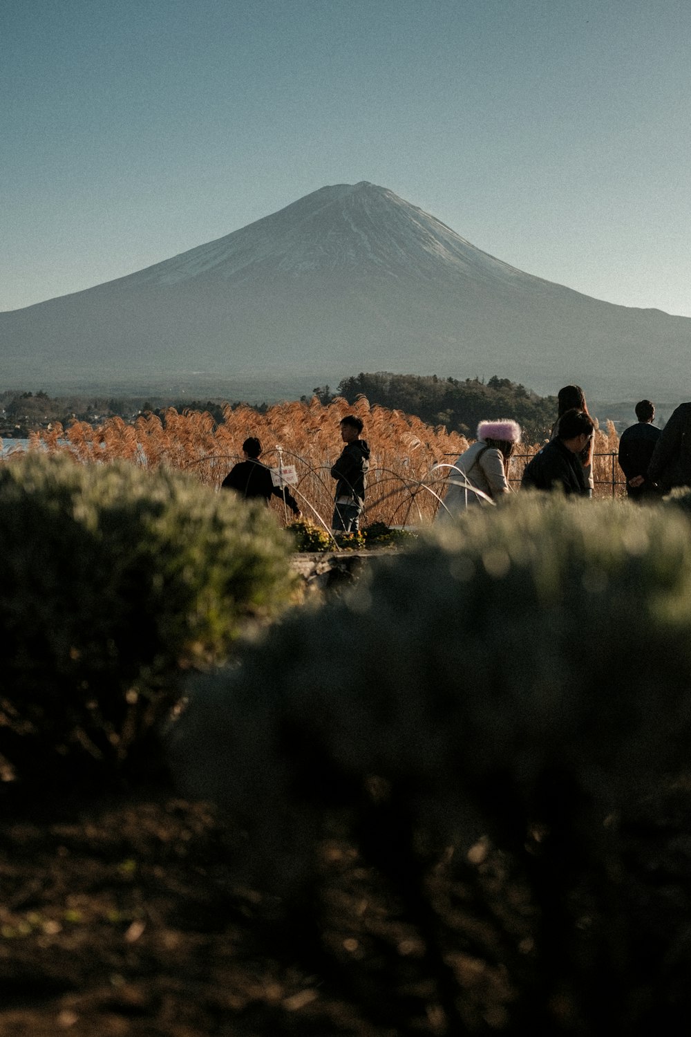 a group of people standing next to a mountain