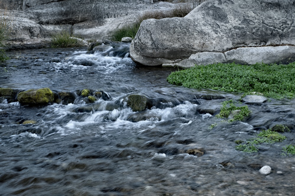 un ruisseau d’eau entouré de rochers et d’herbe