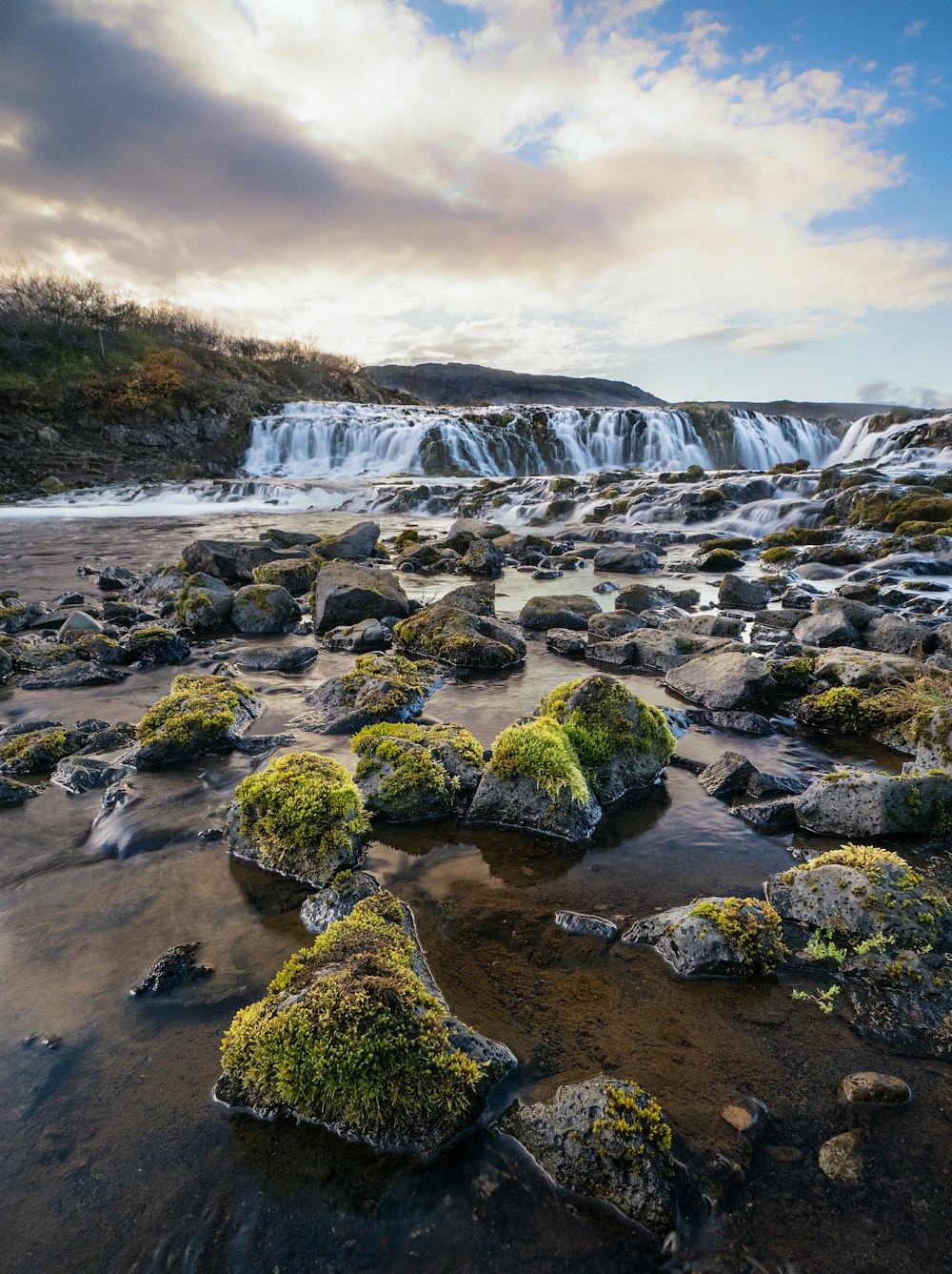 a rocky beach with moss growing on the rocks