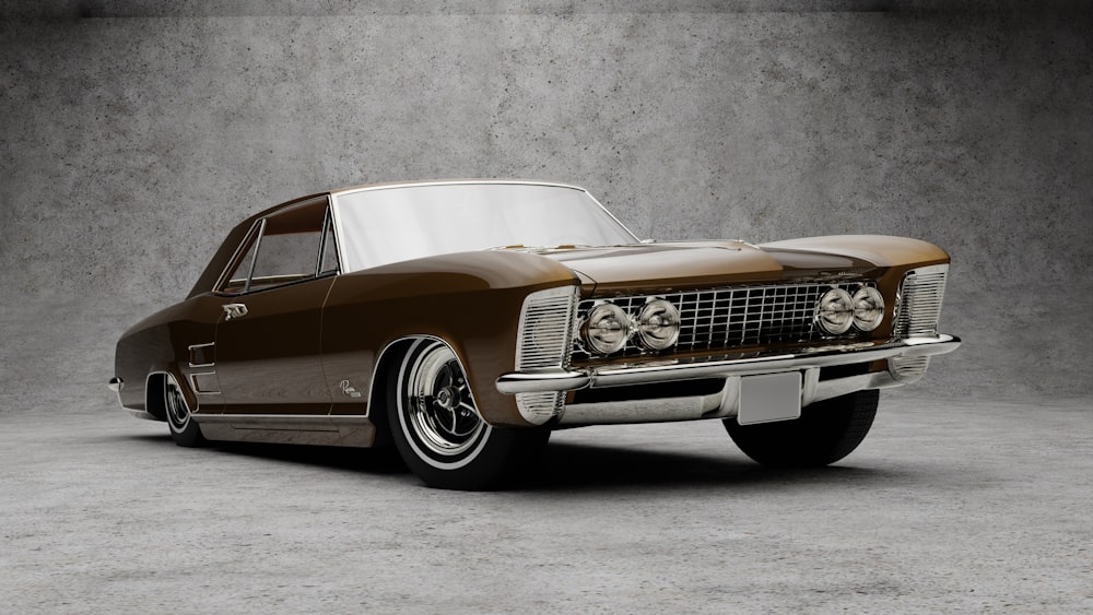 a brown and white car parked in a garage