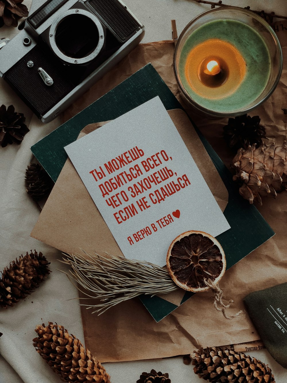 a card with a quote on it next to pine cones and a camera