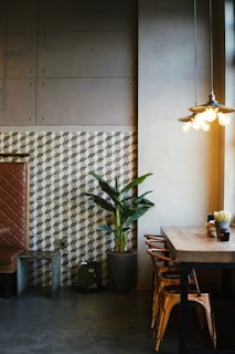 a room with a table, chairs and a potted plant