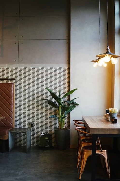 a room with a table, chairs and a potted plant