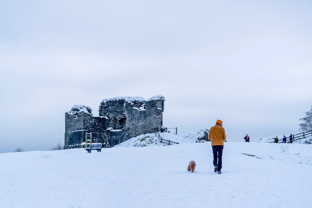 a man walking a dog in the snow