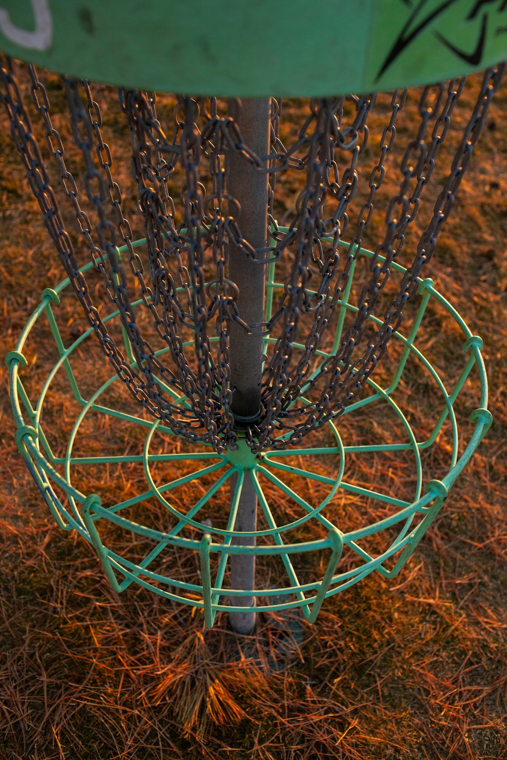 a close up of a frisbee golf cage