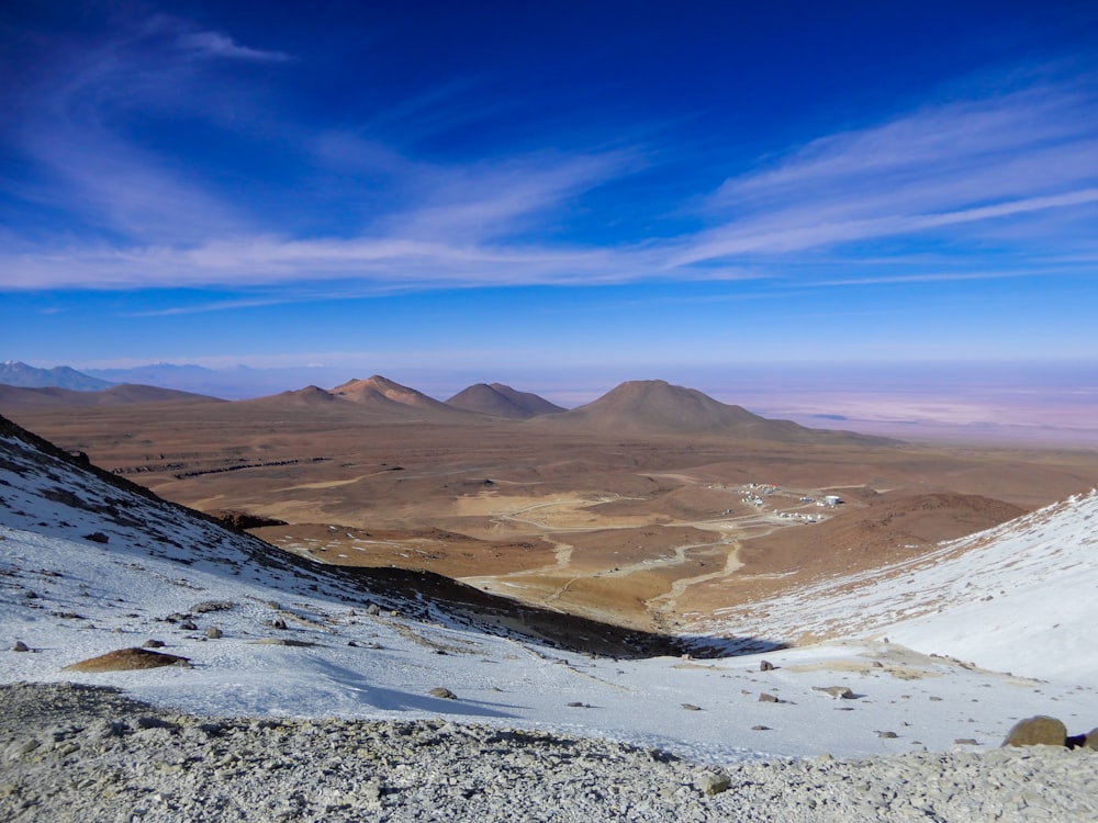 uma vista de uma cordilheira com neve no chão