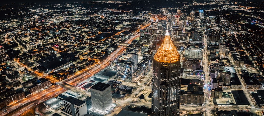 an aerial view of a city at night