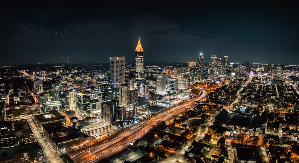 an aerial view of a city at night