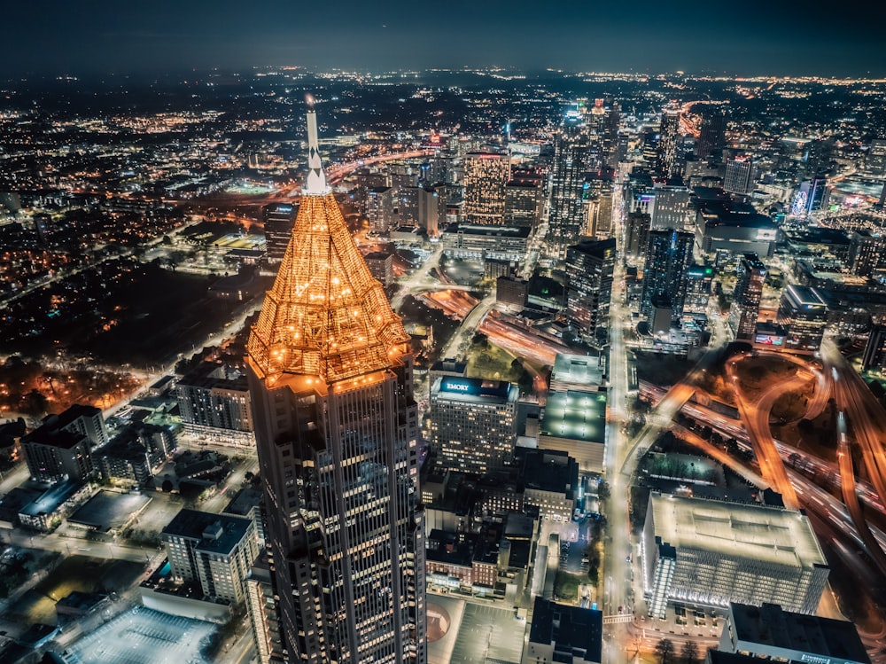 an aerial view of a city at night