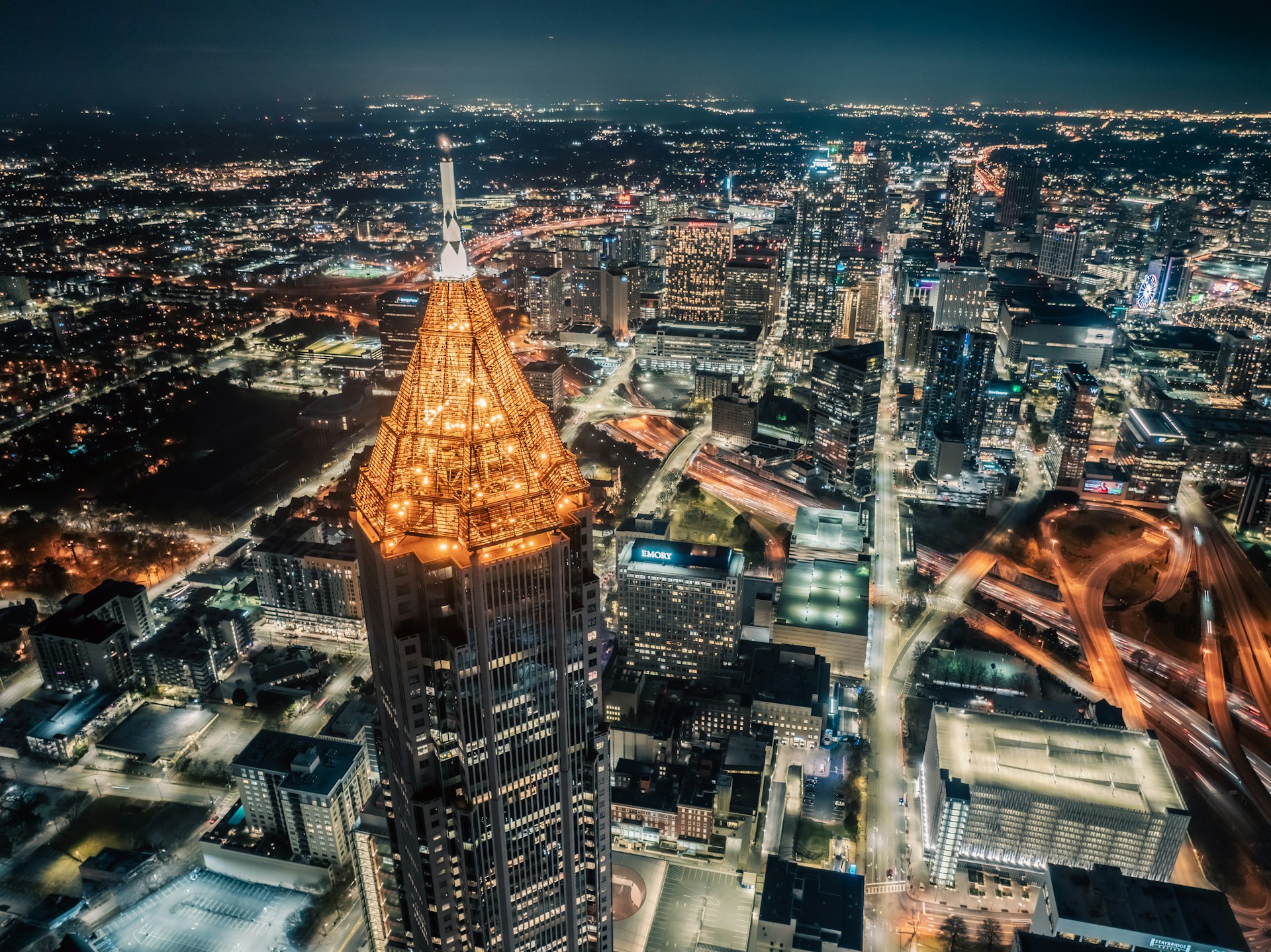 an aerial view of a city at night