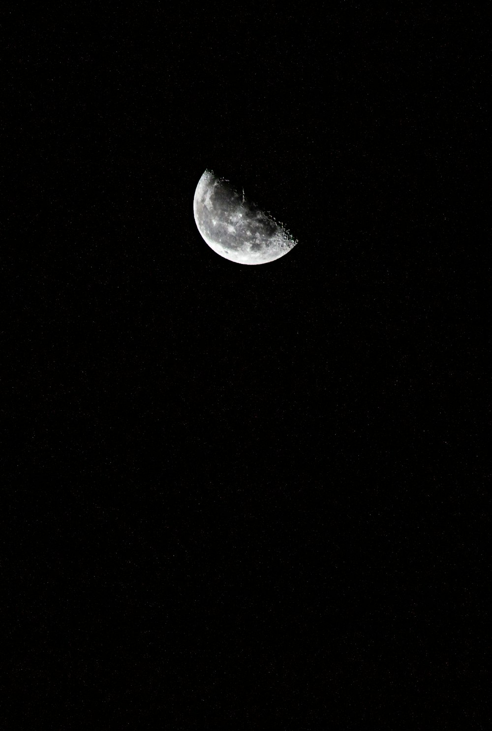 a half moon is seen in the dark sky