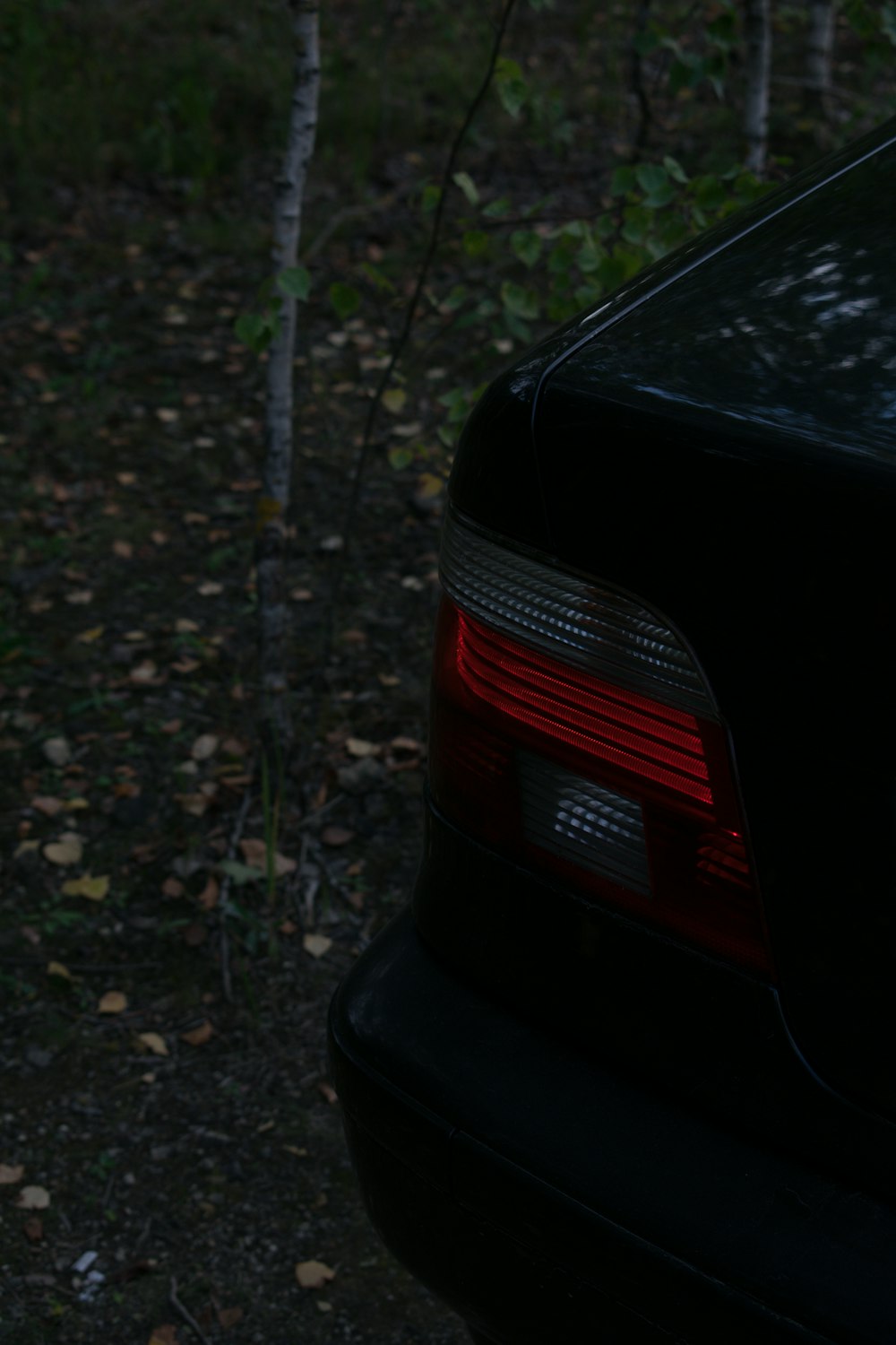 a black car parked in a wooded area